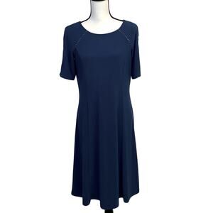 Dennis Basso Stretch Crepe Dress Dark Teal Beaded Shoulder Accent Size 6